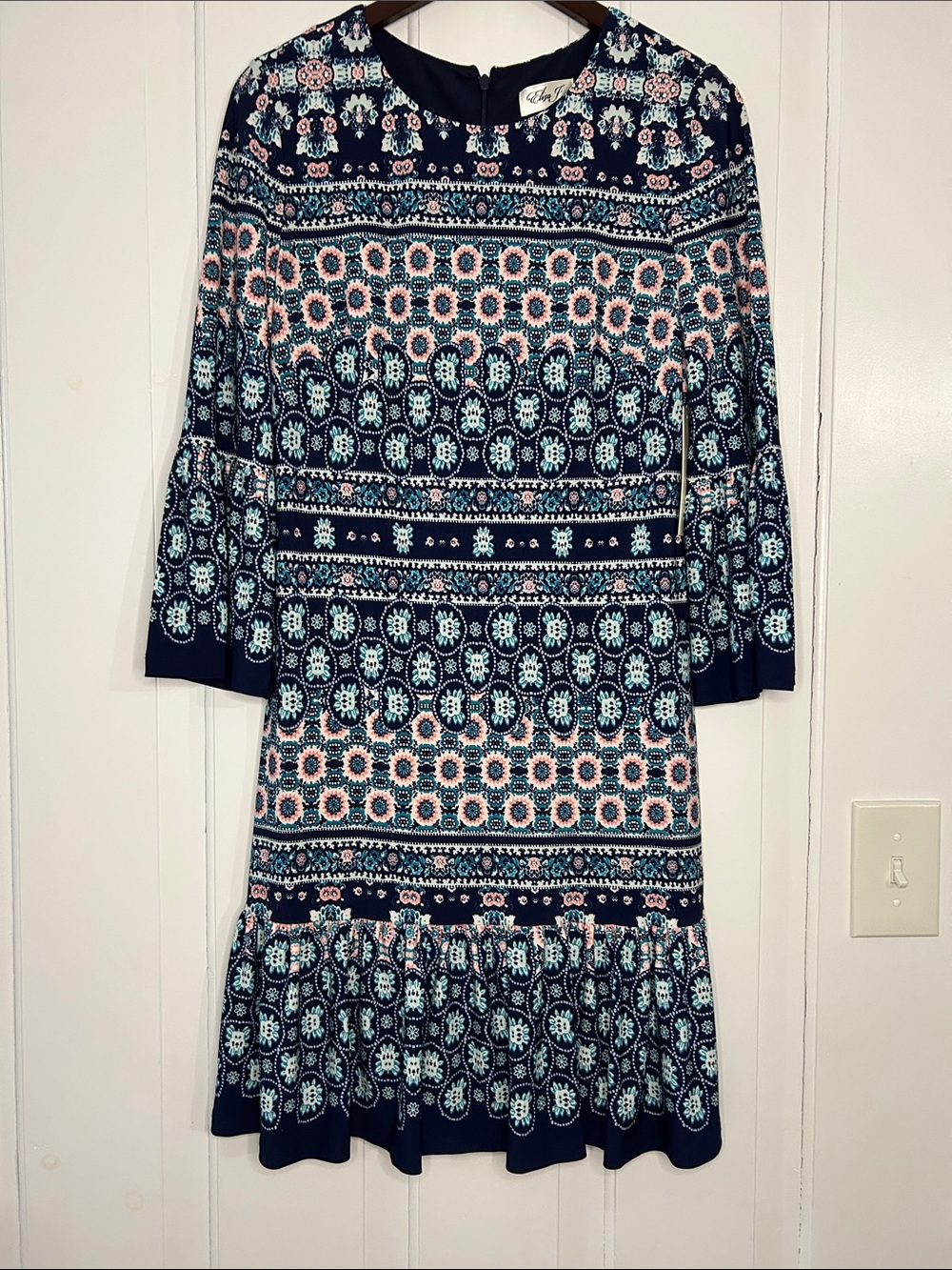 Eliza J multi colored pattern relax fit dress with bell sleeves peplum ruffle